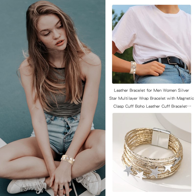 Leather Bracelet for Men Women Silver Star Multilayer Wrap Bracelet