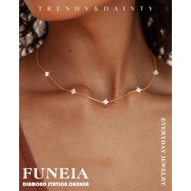 FUNEIA Gold Silver Chain Women's 14 Carat Gold-Plated Necklace Cubic Zirconia Choker Heart Butterfly Flower Chain Hypoallergenic Waterproof Golden Statement Chain Prsonalised Fashion Jewellery Gifts