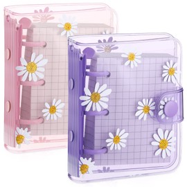 2 Sets Mini Transparent 3 Ring Binder Covers with Inner Paper Mini Binder Daisy PVC Notebook Loose Leaf Binder 3 Ring Journal Notebook Round Ring Binder Cover Protector for Diary (Purple, Pink)