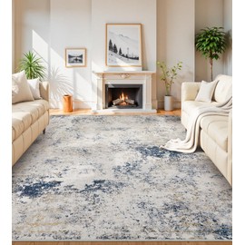 7x9 Washable Area Rugs - Modern Abstract Rugs for Living Room Non-Slip Low Pile Soft Machine Washable Carpet for Bedroom, Dining Room, Nursery, Home Office, Farmhouse (7'x9' Beige Blue)