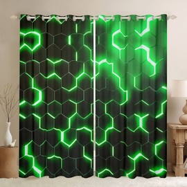 3D Honeycomb Curtains for Bedroom Geometry Hexagon Window Treatment Glitter Window Drapes Dark Green Window Draperies for Kids Boys Girls Adults W46*L54
