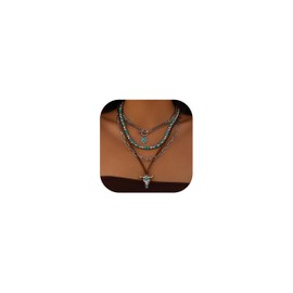 Hclian Western Necklaces Boho Layered Charm Necklace for Women Turquoise Beaded Choker Ox-head Pendant Necklace Western Jewelry for Women Cowgirl Accessories