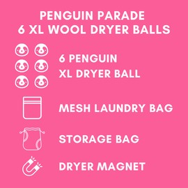 Woolee Wonders 6-Pack XL Organic Wool Dryer Balls - 100% New Zealand Wool, Reuse for 1000 Loads, Fair Trade, Handmade in Nepal, Dryer Balls Laundry Reusable, Penguins Dryer Ball Set, Mesh Laundry Bag