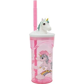 Golddunes 3D Cartoon Character Kids Figurine Plastic Re-Usable Tumbler Beaker with Re-Usable Flexi Straw - 360ml (Unicorn)