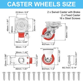 PATIKIL 1.5" Rigid Caster Wheels 2Pcs and Swivel Caster with Brake 2Pcs, Silent Plate Casters with M4 Screw Load Capacity 110Lbs for Furniture Workbench Cart Trolley, Red