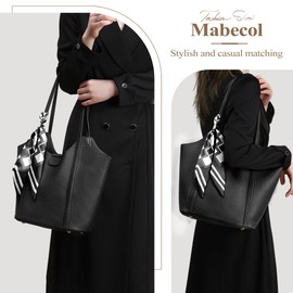 Mabecol Women's Shopper Bag Large with Removable Inner Compartment and Stylish Silk Scarf, Elegant Tote Bag Women's Made of PU Leather, 2-in-1 Shoulder Bag & Handbag with Magnetic Closure, black