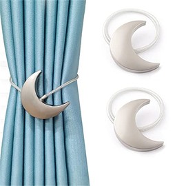 2PC Magnetic Curtain Tiebacks, Magnetic Moon Star Curtain Clips Rope, Moon Curtain Holdbacks, Moon Drapery Tie Backs for Home Living Room Bedroom Decorative (silver moon)