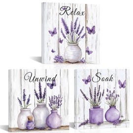 sechars Purple Lavender Bathroom Wall Art Relax Unwind Soak Canvas Prints Farmhouse Decor Set with Butterflies
