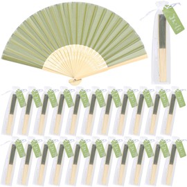 50 Sets Sage Green Wedding Fans for Guests Bulk Wedding Favors Imitated Silk Fabric Bamboo Handheld Folding Fan with Organza Bags and Thank You Tags &Tassels for Bridal Shower Bridesmaid Church Gifts
