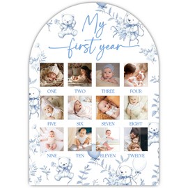 Blue Toile My First Year Photo Board, Bear Baby Milestone Signs for Boys Girls Nursery Decor, My First Year Wooden Picture Frame, 12 Month Picture Board for 2x2 Photos, Best Babies Keepsake Gifts-A02
