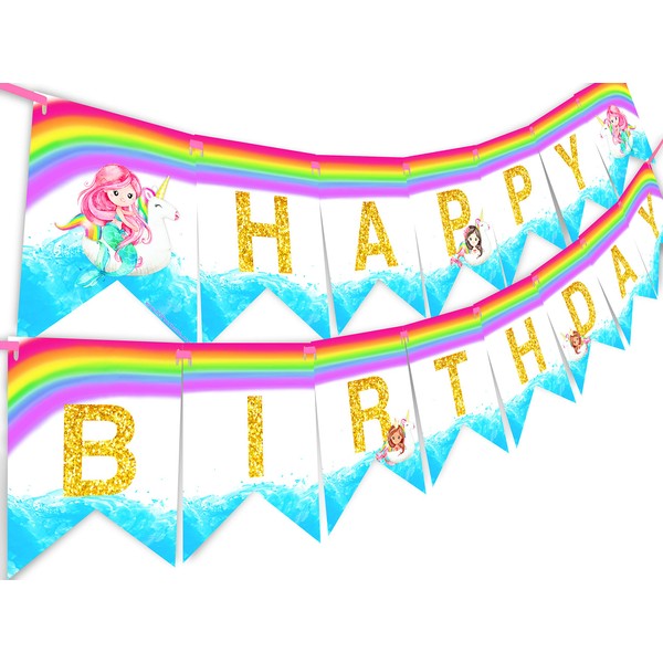 Mermaid Unicorn Happy Birthday Banner Pennant - Unicorn Banner - Pool Party Deoorations - Mermaid Party Supplies - Banner
