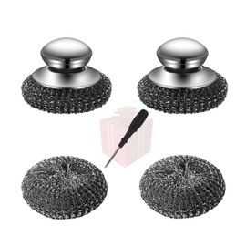 2 Pack Steel Wool Scrubber with Handle - Includes 2 Replacement Pads, Heavy Duty Metal Dish Scrubber for Cleaning Dishes, Cast Iron, Pans, Griddles, and BBQ Grills