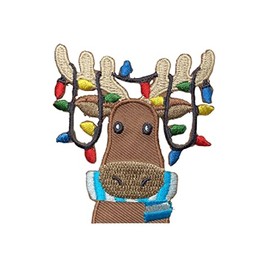 Wholesale Applique Christmas Moose - Lights in Antlers - Face/Head - Embroidered Iron-On Patch - 1 x 2-3/8" x 2-1/4" Snowflake Holiday Patch