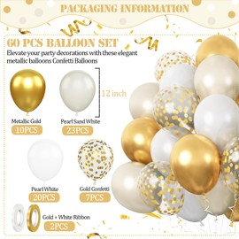 60Pack White Gold Balloons Set, 12Inch Thick Latex Pearl Sand White Metallic Golden Balloons with Confetti for Wedding Anniversary, Baby Shower, Birthday Party Decorations