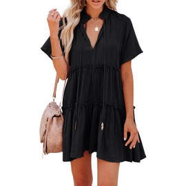 Dellytop Womens Drawstring V Neck Dress Ruffle Tiered Short Sleeve Babydoll Tunic Swing Sundresses Black