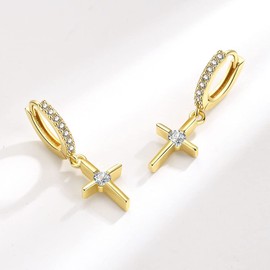 Dainty Cross Dangle Hoop Earrings Cubic Zirconia Crystal Drop Tiny Small Huggie Hoops Earring Piercing Cuffs Fashion Faith Jewelry Gifts for Women Girls BBF (Gold)