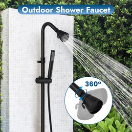 Cinwiny Matte Black Wall Mount Outdoor Shower Kit with Hand Held Spray Two Cross Handles with Adjustable Slide Bar Two Function Exposed Shower Faucet System