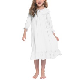 Ekouaer Girls Princess Nightgown Cotton Sleepwear Dress Loose O-Neck Nightshirt Knee Length Nightdress(White,10-11T)