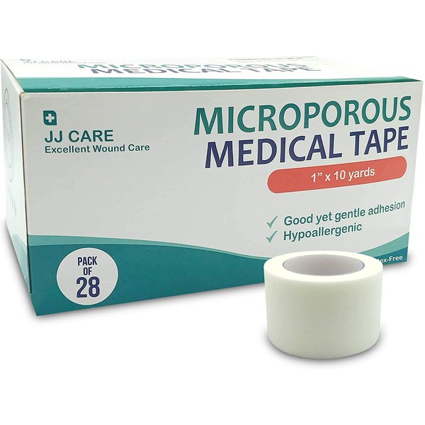 JJ CARE [Pack of 28] Micropore Tape, Medical Paper Tape 1 inch x 10 Yards, Hypoallergenic Paper Surgical Tape, Microporous Tape, Latex Free Adhesive for First Aid Supplies