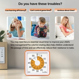 Secura 60 Minute Essential Visual Timer for Kids, Countdown Clock Timer for Special Education, Classroom, School, Desk, Home, Office, Silent Non-Ticking Time Management Tool (Orange & Orange)