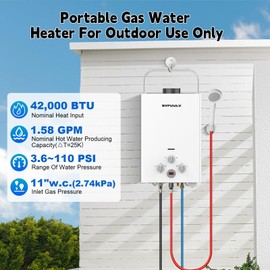 Syfuulv Portable Tankless Propane Gas Water Heater, 1.58 GPM Outdoor Instant Hot Water Heater, 41,000 BTU, LED Digital Display, Overheating Protection, Camping, RV, Cabin, Barn, White 6L
