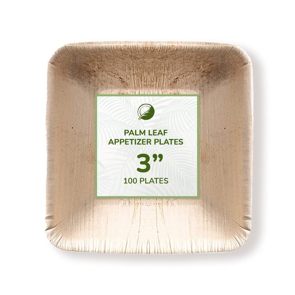 THE CLEAR CONSCIENCE TCC - Small Palm Leaf Appetizer Plates, 3" square, 100 pcs, Bamboo & Wood Style, Biodegradable, Single Use, Disposable, Usable for Hot Dishes