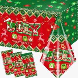 GREHUMOR Ugly Sweater Christmas Tablecloth,Ugly Sweater Party Decorations,Red Green Merry Christmas Party Supplies Disposable Plastic Table Cover for Winter Holiday Xmas Themed Party Decor (3 Pcs)