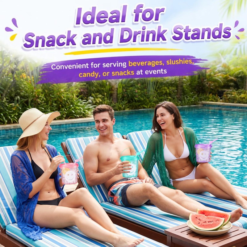 24 Pack 32oz Smile Face Drink Buckets with Lids and