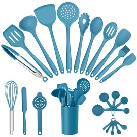 E-far Silicone Cooking Utensils Set, 25 Piece Kitchen Utensils with Holder, Non Toxic Kitchen Tools Spatula, Turner, Spoon, Ladle for Nonstick Cookware, Heat Resistant & Dishwasher Safe - Blue