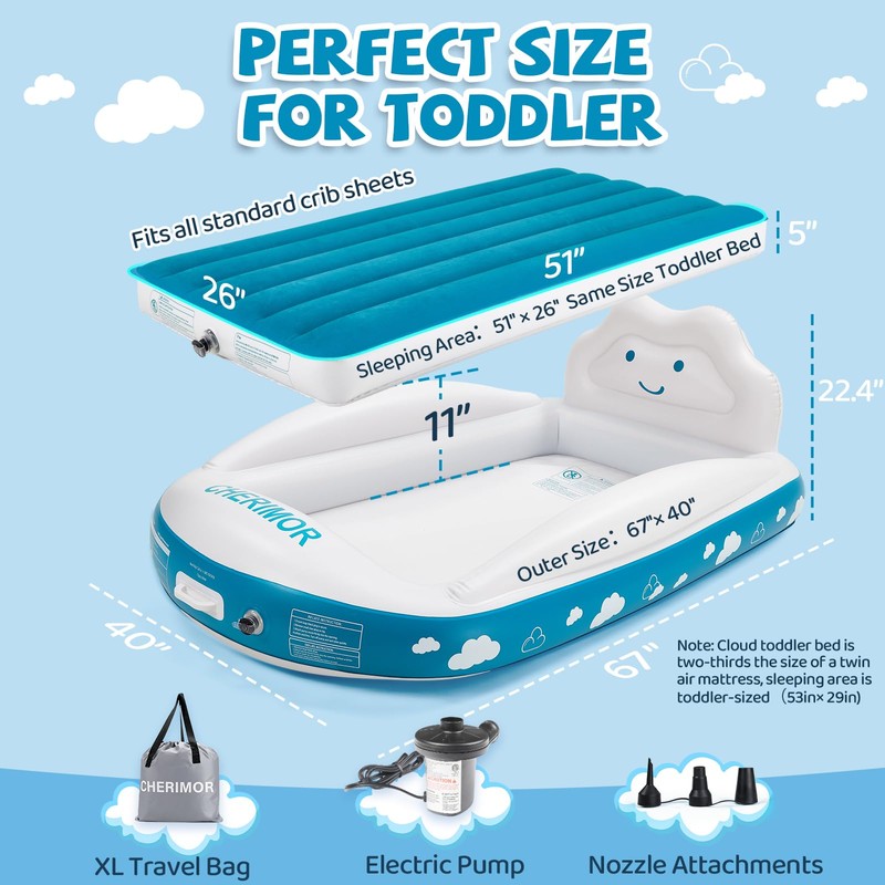 CHERIMOR Inflatable Toddler Travel Bed with Safety Bumpers & Electric