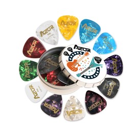 AZOR Guitar Picks Holder Set 18 Pack with Tin Box includes 6 Different Shapes and Thicknesses for Acoustic Guitar Electric Guitar Ukulele