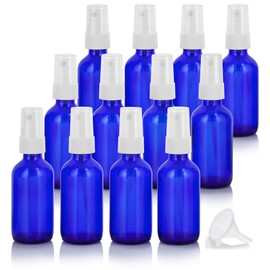 2 oz Cobalt Blue Glass Boston Round White Fine Mist Spray Bottle (12 pack) + Funnel
