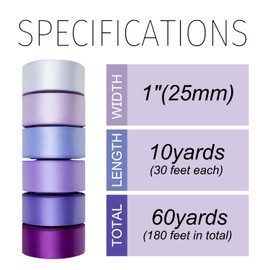 Mlurcu Purple Satin Ribbon 1 Inch Wide Lavender Light Purple Lilac Ribbon Assorted Solid Color Double Faced Satin Ribbon for Flower Bouquet Wedding Invitation Crafts Gift Wrapping Hair Bows - 60Yds