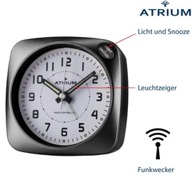 Atrium A610-7 Radio Alarm Clock Analogue Quartz No Ticking Large Numbers Very Clear with Light and Snooze Black