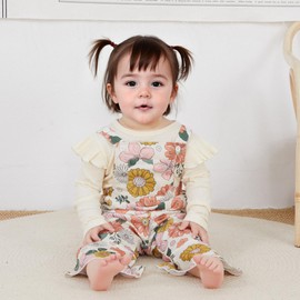 Toddler Baby Girl Fall Outfits Long Sleeve Ribbed Tops Floral Suspender Overalls Flared Pants Set Kids 2Pcs Clothes (A-A Beige, 18-24 Months)