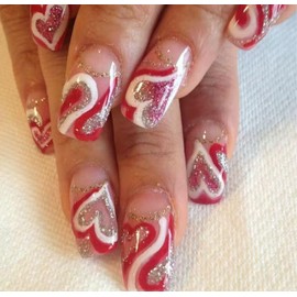 LBPEPAMZ 24Pcs Valentine Press on Nails Medium Square Fake Nails with Silver Glitter Red White Heart Designs Gold Red Bling Full Cover Glossy Acrylic False Nails Stick on Nails for Women Girls