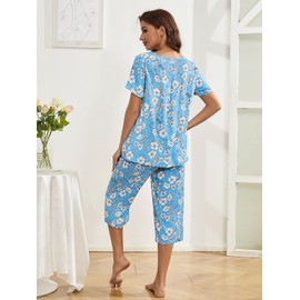 Husmeu Pyjamas for Women en Cotton Ladies Pyjamas Set Floral Printing Short Sleeve Two Piece Sleepwear Loungewear with Pockets Blue XL