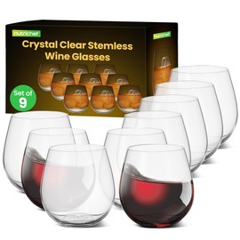 NutriChef 15oz Stemless Wine Glasses - Set of 12 Ultra Thin Elegant Red & White Wine Clear Crystal Glass Drinkware, Lead-Free, Hand Blown Seamless Bowl, Dishwasher Safe, for Any Occasion