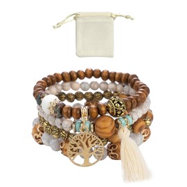 MEMOFYND 1 x Multilayer Wooden Bead Bracelet and 1 x Flannel Bag, Bracelet for Women and Girls, Friendship Bracelet, Pearl Bracelet, Bohemian Women's Jewellery, Stretch Bracelet, Wooden beads