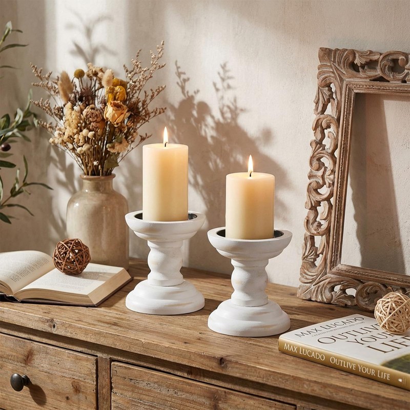 4 Pcs Wood Pillar Candle Holder Rustic White Candle Holder