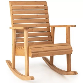 COSTWAY Patio Outdoor Indoor Wood Balanced Rocking Chair w/High Backrest & Curved Seat