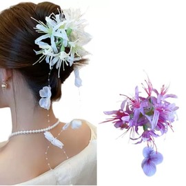 iRIIRIO 2pcs Floral Hair Claw Clips With Tassel Medium Sized Hair Clips Accessories for Women Girls Beach Party Bride Wedding (White+Purple)
