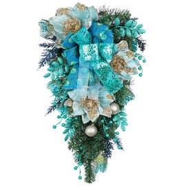 Briful Teal Christmas Swags 28'' x 17.7'', Magnolias Christmas Teardrop Wreath with Glitter Xmas Ornaments, Ribbons – Turquoise Xmas Door Swag for Decorating Indoor Outdoor Holiday Décor