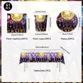 61 pieces disco party tableware, disco theme party, includes cups, napkins, plates and tablecloths; perfect for boys and girls parties, anniversaries, birthday parties.