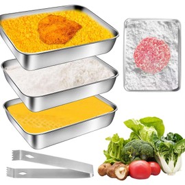 Bcuuozeeing Breading Bowls Set of 3 Stainless Steel 25 cm x 19 cm x 5 cm Breading Trays, Stainless Steel Breading Tray, Gastro Container for Cutlets, Meat, Fish and Vegetables