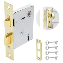 MaxxGeek Antique Mortise Keyed Lock Set with Fluted Glass Knobs and Skeleton Keys, Fits 1-3/8"-1-3/4" Interior Doors, Backset 2-3/8", Gold/Polished Brass, 1 Pack