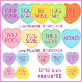 HAKOTI Valentine’s Day Paper Plates Supplies-Conversation Heart Tableware,60Pcs Heart Shaped Plates and Napkins,Heart Ornaments Paper Plates Galentine's Day Tableware Disposable Decoration