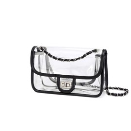 LAM GALLERY Womens PVC Clear Purse Handbag with Chain Stadium Approved Clear Bag See Through Bag for Working and Concert (Black Silver Large)