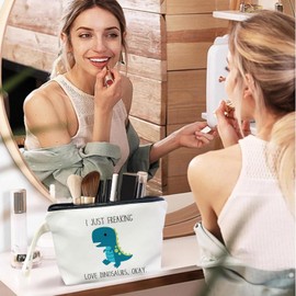 SQQCMM Cute Dinosaur Dino Themed Makeup Bag - Dinosaur Themed Gifts for Lovers Girls Mom Women, Cosmetic Travel Bags for Women, Canvas Zipper Makeup Bag