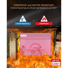JUNDUN Fireproof Document Bag with 5200℉ Heat Insulated,14.0”x10.4” Waterproof and Fireproof Money Bag,8 Layers Thickened Fire Safe Storage Bag Pouch with Zipper for Document,Money and Cash,Pink
